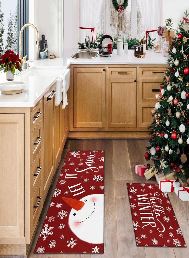 sdhinlwo Let It Snow Snowman Snowflake Winter Christmas Decorative Kitchen Mats Set of 2, Home Party Low-Profile Kitchen Rugs,Red Christmas Kitchen Mats for Floor 17x30+17x47 Inch - Image 3